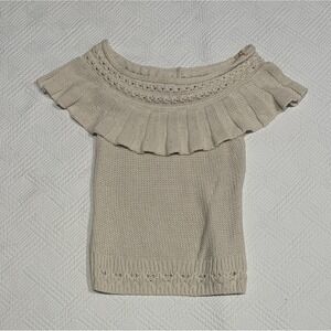 Anthropologie Women's Sweater Ruffled Neckline Off-The-Shoulder Size Small Beige